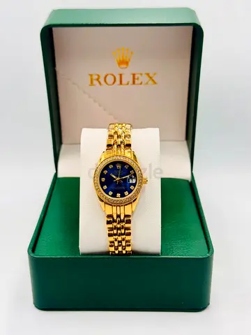 Gold Rolex-style Ladies Watch with Blue Dial and Diamond Markers