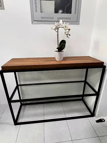 Industrial Console Table with Wood Top and Black Metal Frame