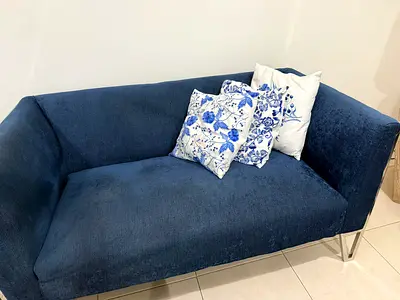 Blue 2-Seater Velvet Sofa with Metal Legs - Good Condition
