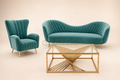 Luxury Velvet Sofa Set + Accent Chair + Designer Glass Coffee Table