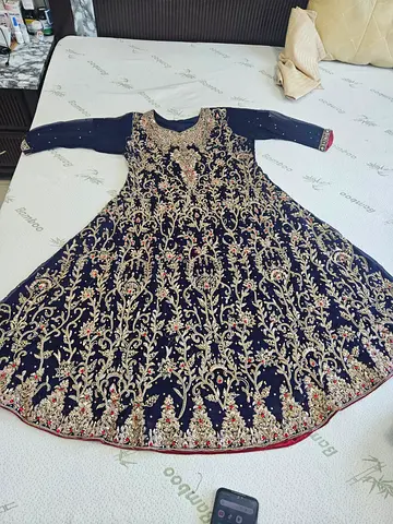 Navy Blue Fully Embroidered Long Anarkali Dress - Size Approx S/M
