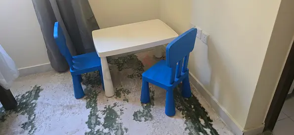 Ikea Kids plastic table with 2 blue chairs — good condition