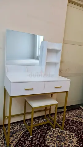 White Vanity Dressing Table with Mirror, Shelves and Stool