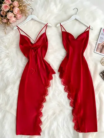 Red Satin Lace- Dress — Size Not Specified