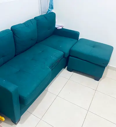 Teal L-shaped 2-seater Sofa with Ottoman - Good Condition