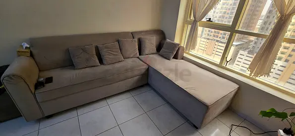 Grey L-shaped Fabric Sofa - Comfortable Corner Sofa with table