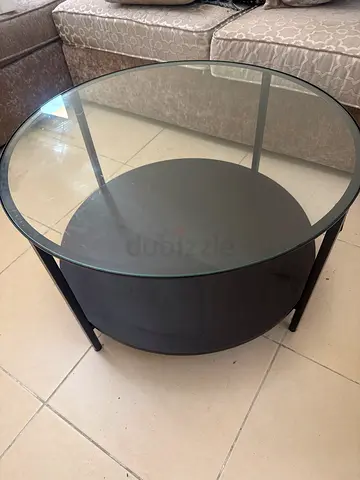 Round Glass Coffee Table with Black Metal Base - Good Condition