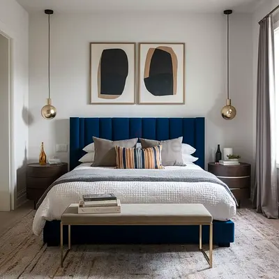 Modern Navy Blue Velvet Bed Frame with Tall Tufted Headboard