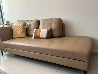 Beige leather chaise lounge / daybed sofa - good condition, corner