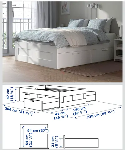 White storage bed frame with 4 drawers - double size (IKEA style) + 18 inch mattress for Give away