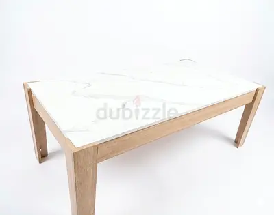Wooden Dining Table with White Marble-Effect Top