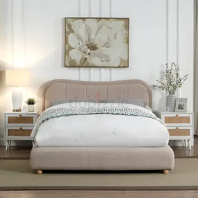 Sleek line curved headboard queen linen ottoman bed