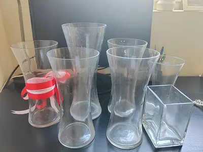 Set of 7 Clear Glass Vases (Various Shapes and Sizes)