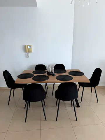 Wooden Dining Table with 6 Black Velvet Chairs - Modern Set