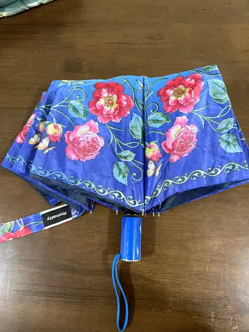 Compact floral folding umbrella — blue with pink roses