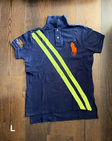 Navy Polo Shirt with Neon Stripes - Ralph Lauren Style (L)