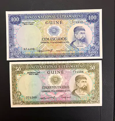 Vintage Banco Nacional Ultramarino Guinea 50  100 Escudos Banknotes - Pair