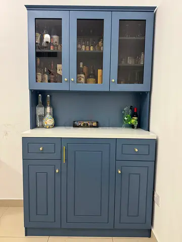 BRAND NEW Full Bar Cabinet — Steel Blue | Glass Doors | BAR UNIT | Brass Hardware | MOVING SALE