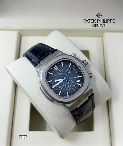 Patek Philippe Nautilus Chronograph Mens Watch - Black Dial, Leather Strap