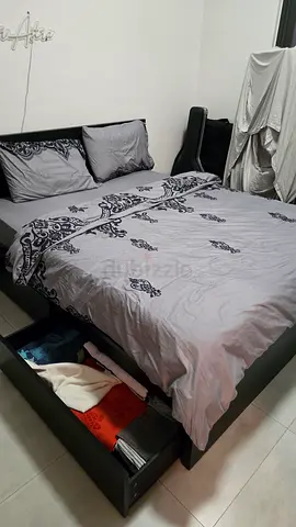 Ikea MALM WITH DRAWERS - Double bed frame with mattress and bedding - gray, good condition