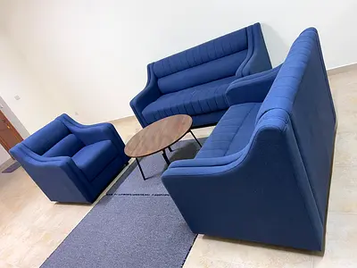 Blue Fabric Sofa Set - 3-Seater, 2-Seater and 1 seater (Good Condition) Total 6 seater