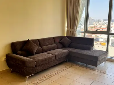 Dark Brown L-Shaped Fabric Corner Sofa — Good Condition
