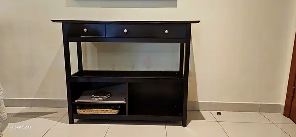 Dark Wood Console Table with Drawers and Open Shelves