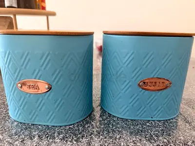 Set of 2 Blue Kitchen Canisters – Tea  Sugar, Wooden Lids