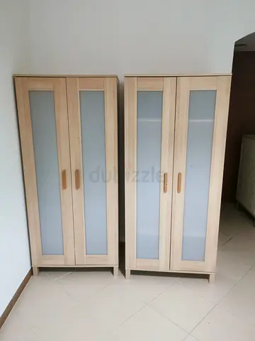 Pair of Wooden Cabinets with Frosted Glass Doors