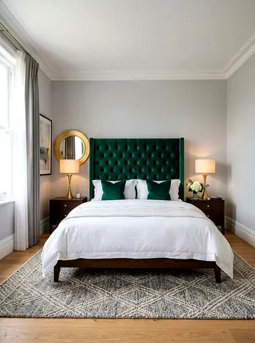 Modern Bed with Green Tufted Velvet Headboard