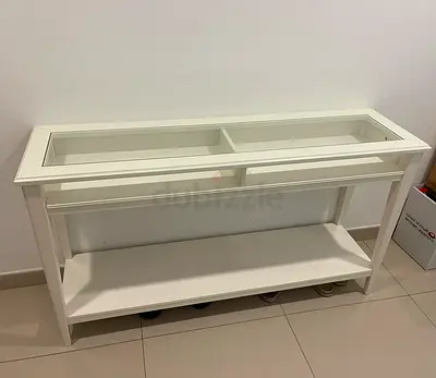 White Console Table with Glass Top and Lower Shelf - Good Condition