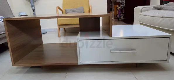 Xavier Coffee Table. Modern low-profile coffee table with storage drawer - white and wood finish.
