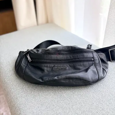 Like-New Karl Lagerfeld Paris Black Leather Belt Bag Crossbody Waist Pack