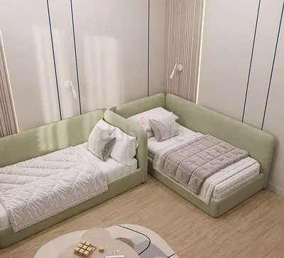 Pair of Upholstered Single Beds with Side Rails - Light Green