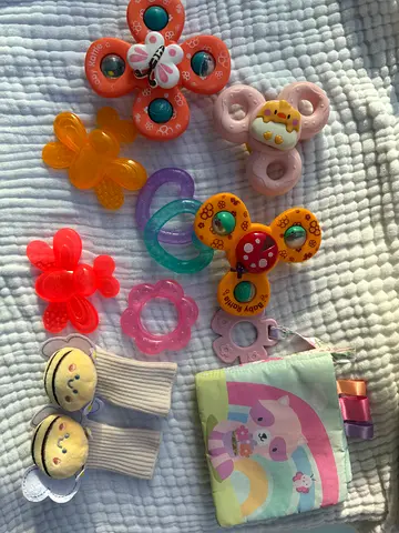 Baby teether and rattle bundle for baby girls — mixed shapes and soft toys - FREE