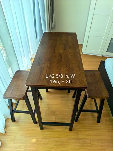 Compact wooden bar table with 2 stools - dark brown, good condition