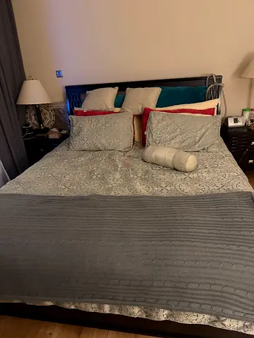King Bed Frame with Mattress and Bedding - Dark Wood