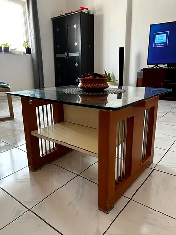 Wooden Coffee Table with Glass Top and Lower Shelf - Good Condition
