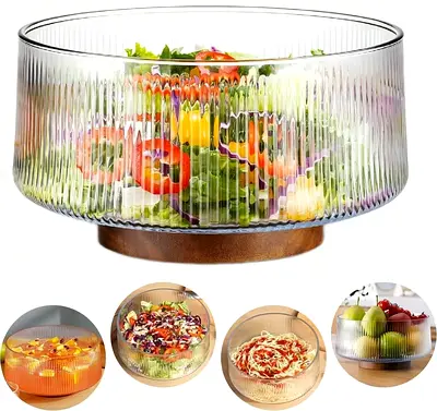 3242 - SLEEPHEAD® Extra Large Glass Salad Bowl with Natural Acacia Wood Base, Ribbed Design Oversize
