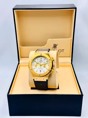 Hublot-style Gold Tone Chronograph Watch with Leather Strap - In Box