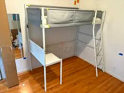 White Metal Loft Bed with Integrated Desk and Ladder - Good Condition
