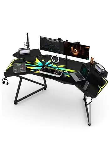 Corner Gaming Desk with Cup Holder, Headset Hook and Raised Monitor Shelf - Black