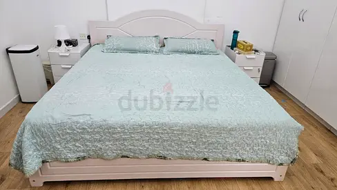 White King Size Wooden Bedframe with Headboard and Side Drawers