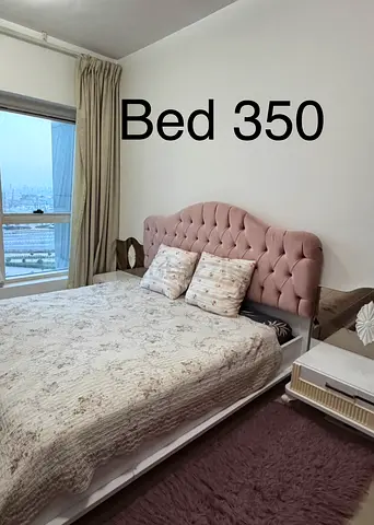 Queen Size Bed with Upholstered Headboard - Light Pink
