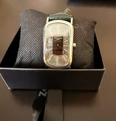 Rochas Paris Womens Rectangular Dress Watch with natural diamonds Leather Strap
