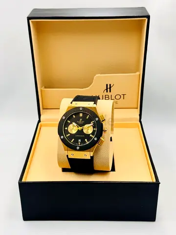 Hublot-style Mens Chronograph Watch in Gold and Black with Box