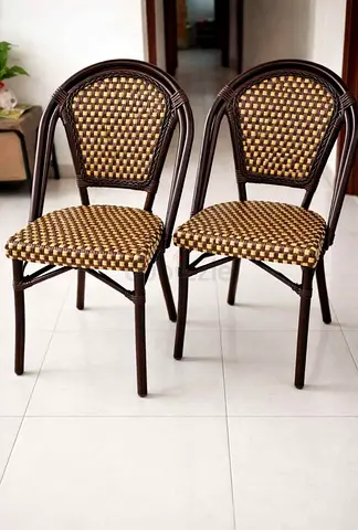 Set of 2 Woven Rattan-Style Dining Chairs - Dark Frame, Good Condition