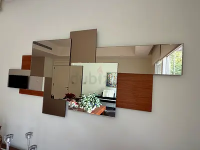 Modern Geometric Wall Mirror Panel Set with Wood Accents