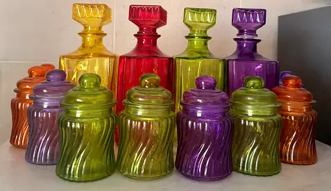 13 Piece Set of Colorful Decorative Glass Jars and Decanters
