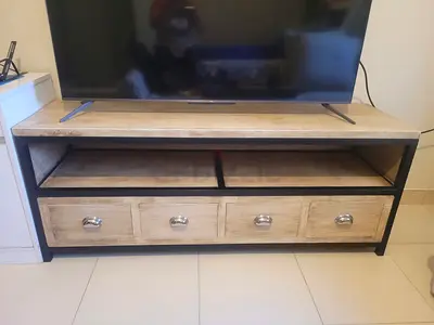 Solid Wood TV Stand with Metal Frame and 4 Drawers